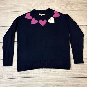 LOFT Navy Heart Sweater Pink & White Heart Crewneck Knit Pullover Size Large